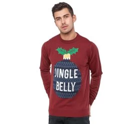 Mens Christmas Jumper Jingle Belly Tree Bauble Burgundy Fun