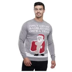 Mens Christmas Jumper Rude Santa Baubles Out Grey Party Fun