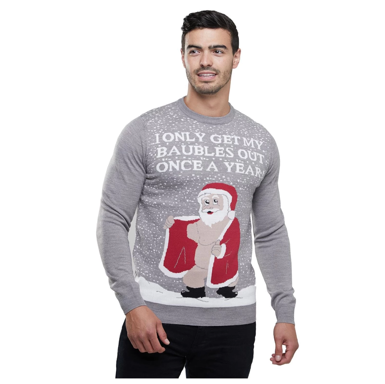 Mens Christmas Jumper Rude Santa Baubles Out Grey Party Fun 3 Mens Christmas Jumper Rude Santa Baubles Out Grey Party Fun
