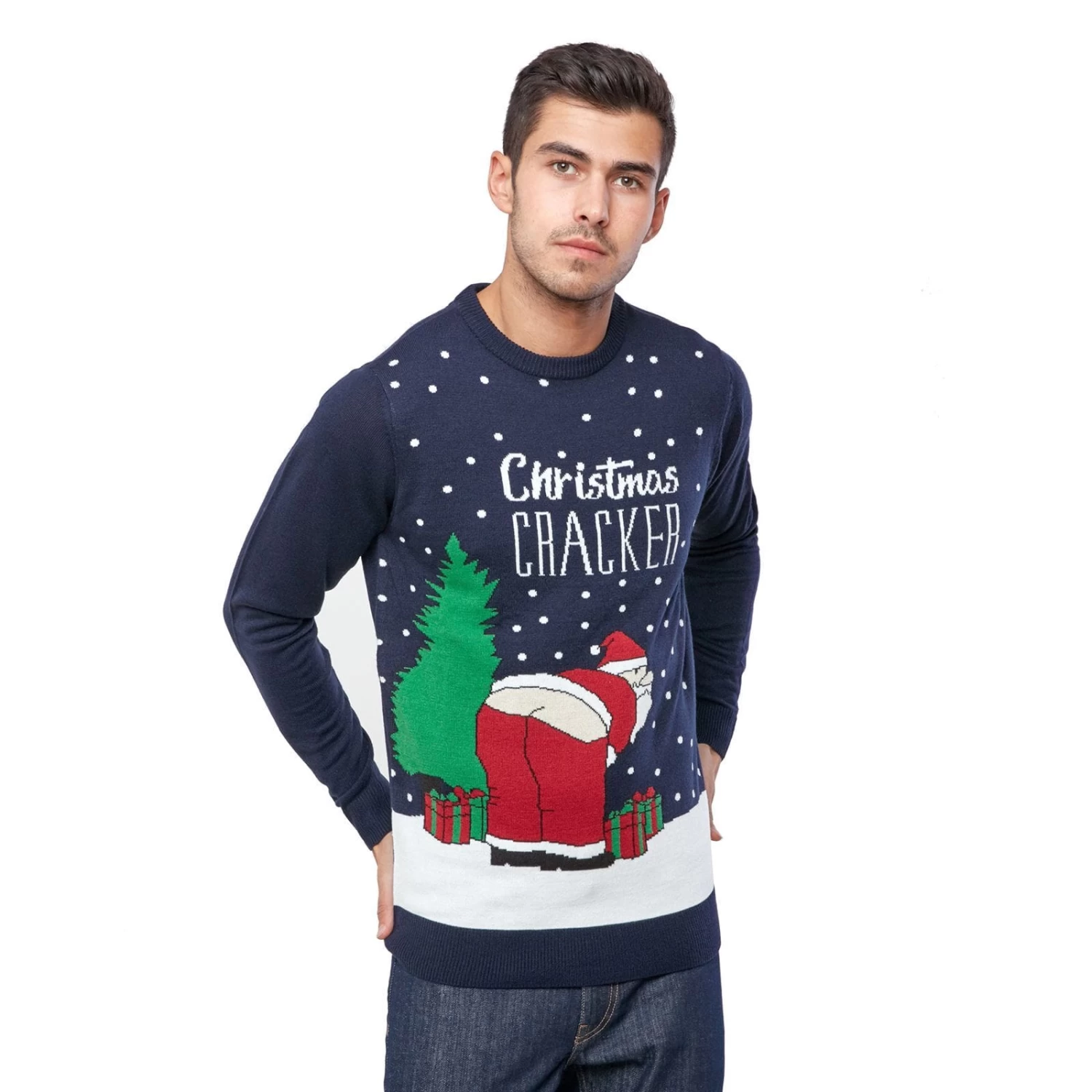 Mens Christmas Jumper Cheeky Santa Cracker Navy Xmas Fun 3 Mens Christmas Jumper Cheeky Santa Cracker Navy Xmas Fun
