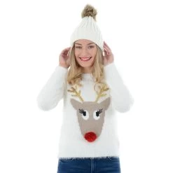 Womens Novelty Rudolph Reindeer 3D Fluffy Christmas Jumper
