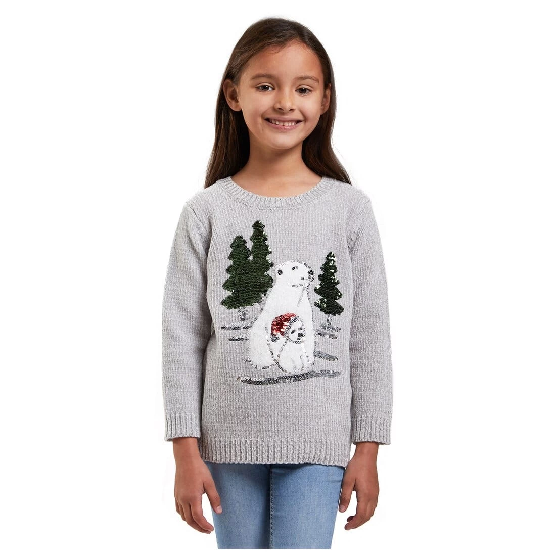 Girls Christmas Jumper Polar Bear Grey Chenille Xmas Top 3 Girls Christmas Jumper Polar Bear Grey Chenille Xmas Top
