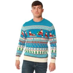 Mens Novelty Blue Christmas Jumper Santa Trees Presents Candy