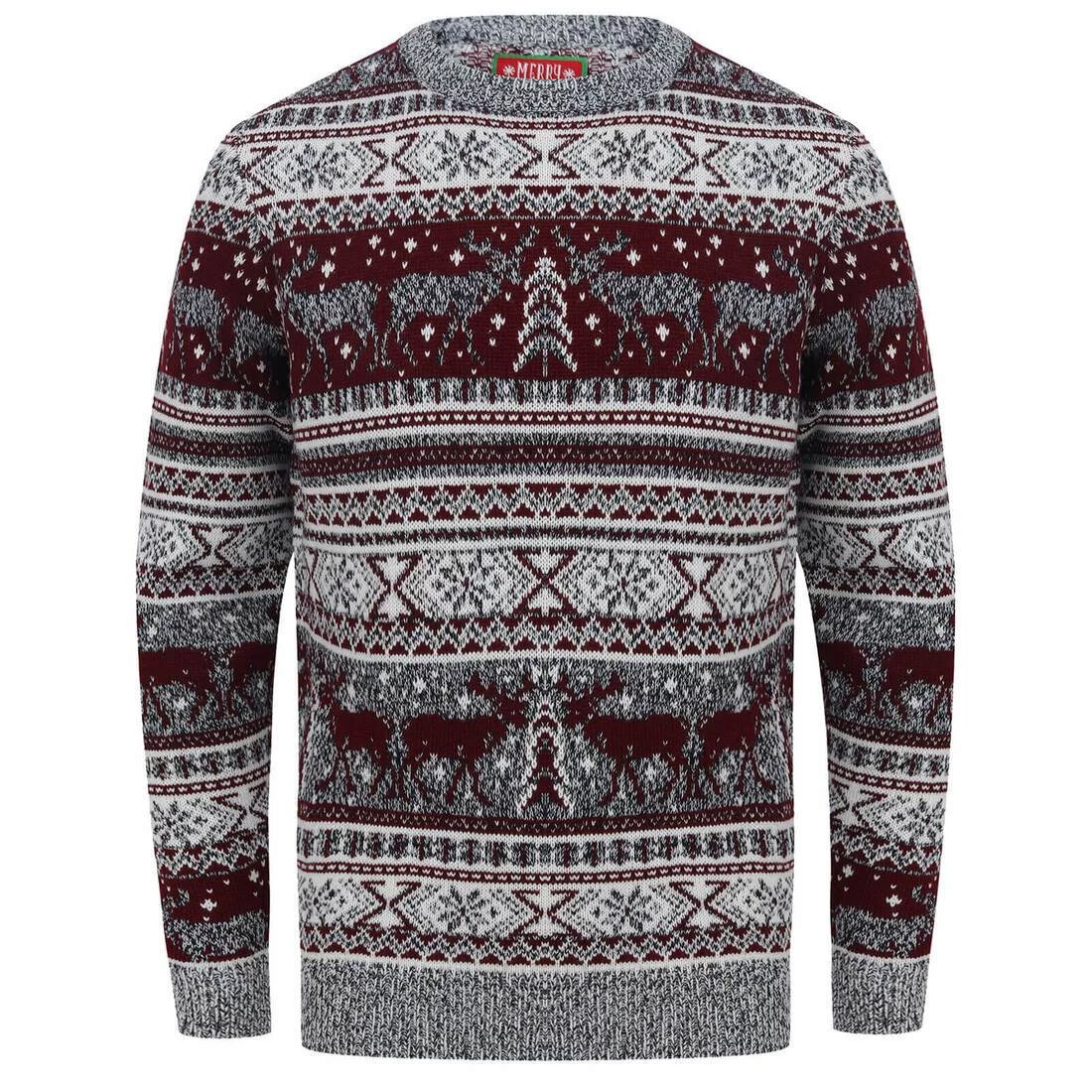 Mens Reindeer Fair Isle Christmas Jumper Grey Marl Nordic 5 Mens Reindeer Fair Isle Christmas Jumper Grey Marl Nordic - Image 3