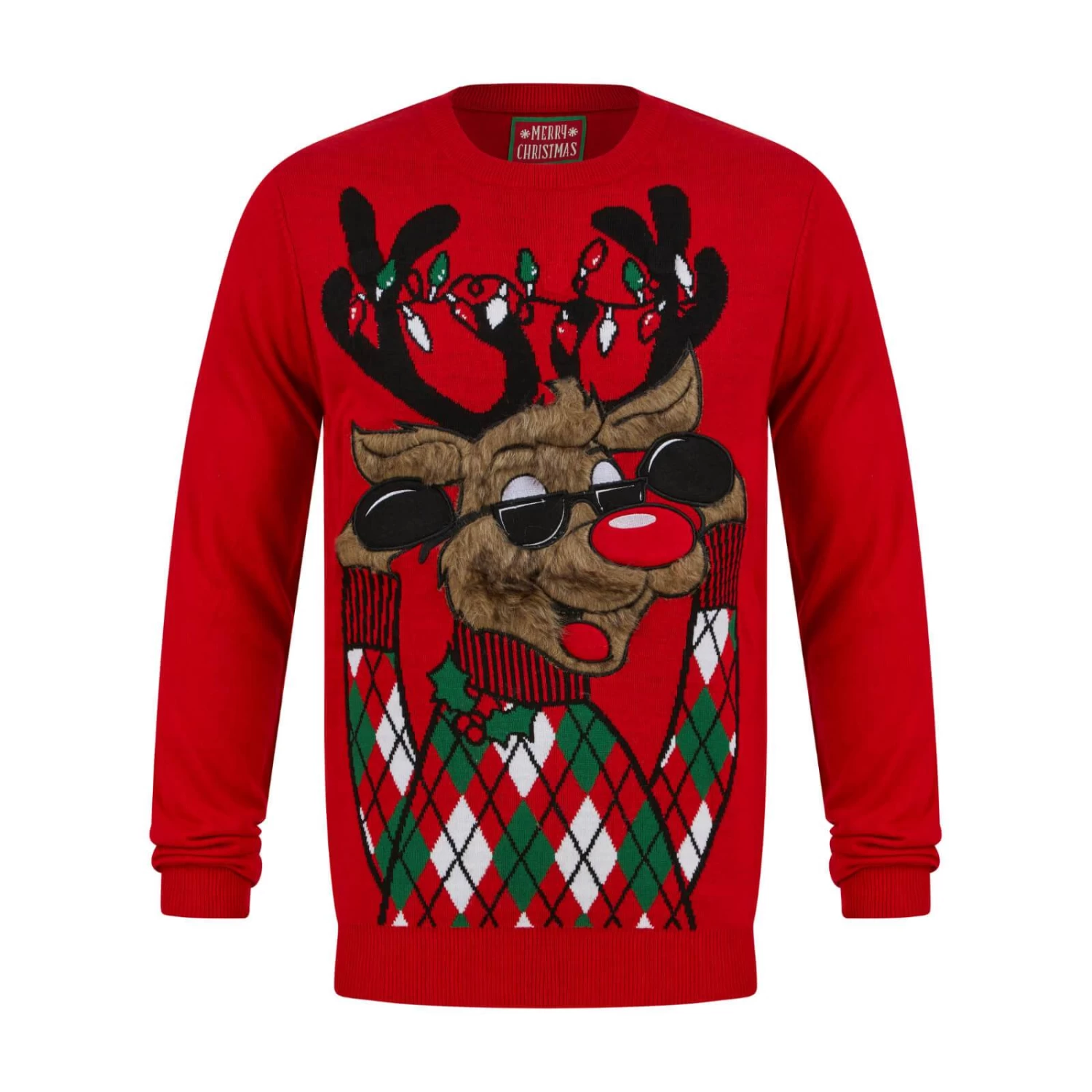 Mens LED Faux Fur Rudolph Argyle Christmas Jumper 3 Mens LED Faux Fur Rudolph Argyle Christmas Jumper