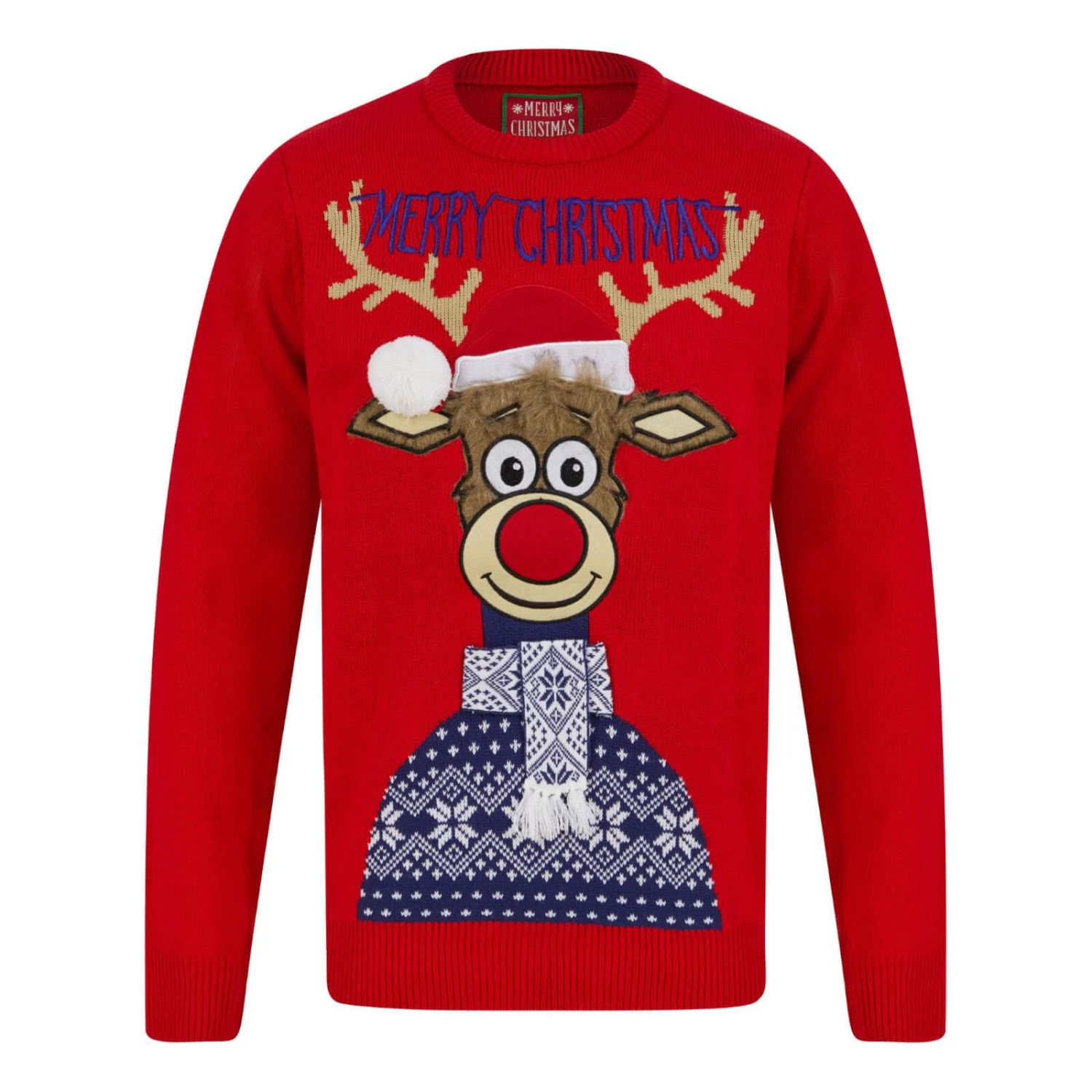 Mens Classic Rudolph Faux Fur Christmas Jumper 3D Pom Pom 5 Mens Classic Rudolph Faux Fur Christmas Jumper 3D Pom Pom - Image 3