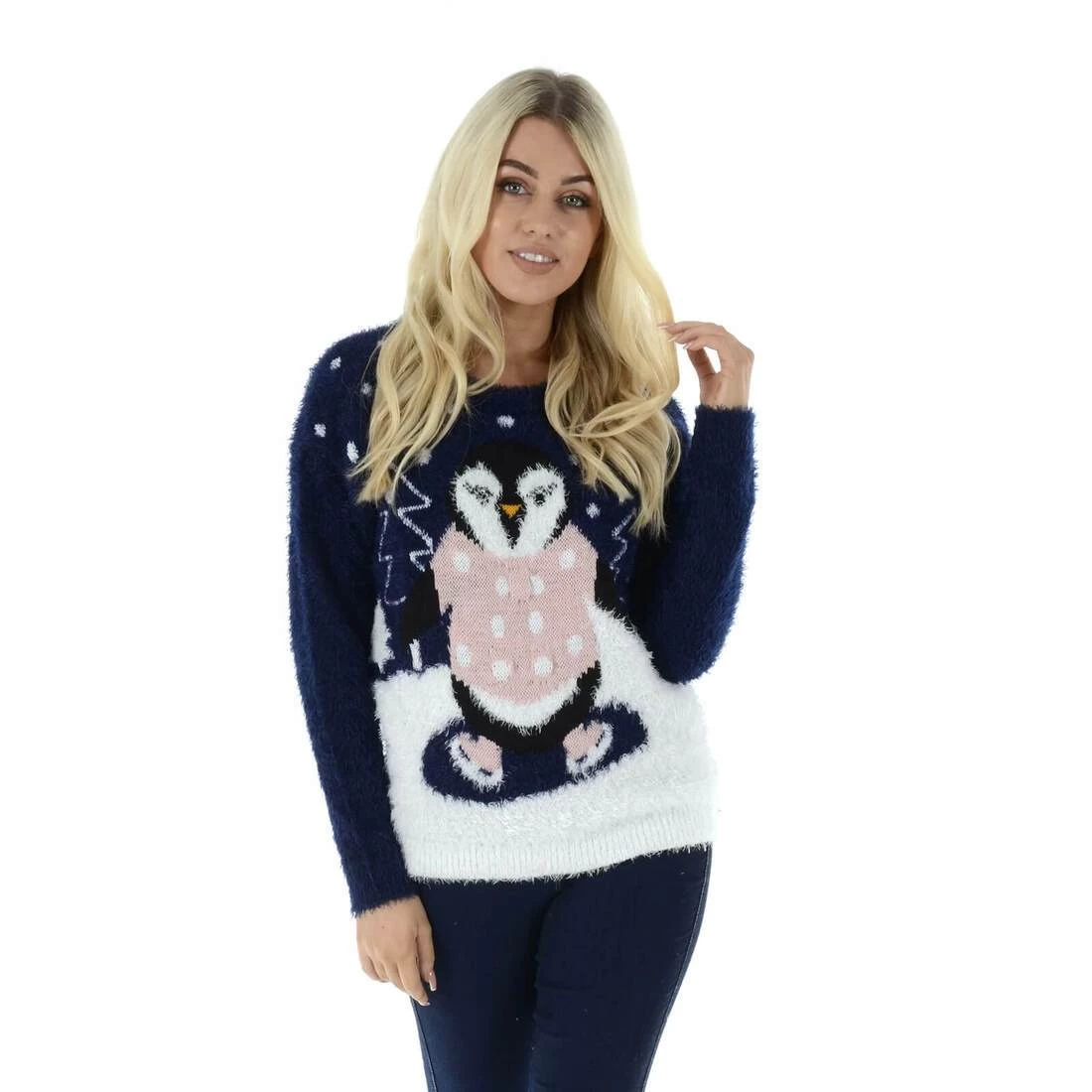 Womens Christmas Jumper Flashing Lights Penguin Pink Blue 3 Womens Christmas Jumper Flashing Lights Penguin Pink Blue