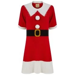 Womens Mrs Claus Santa Jumper Dress 3D Pom Pom Buttons