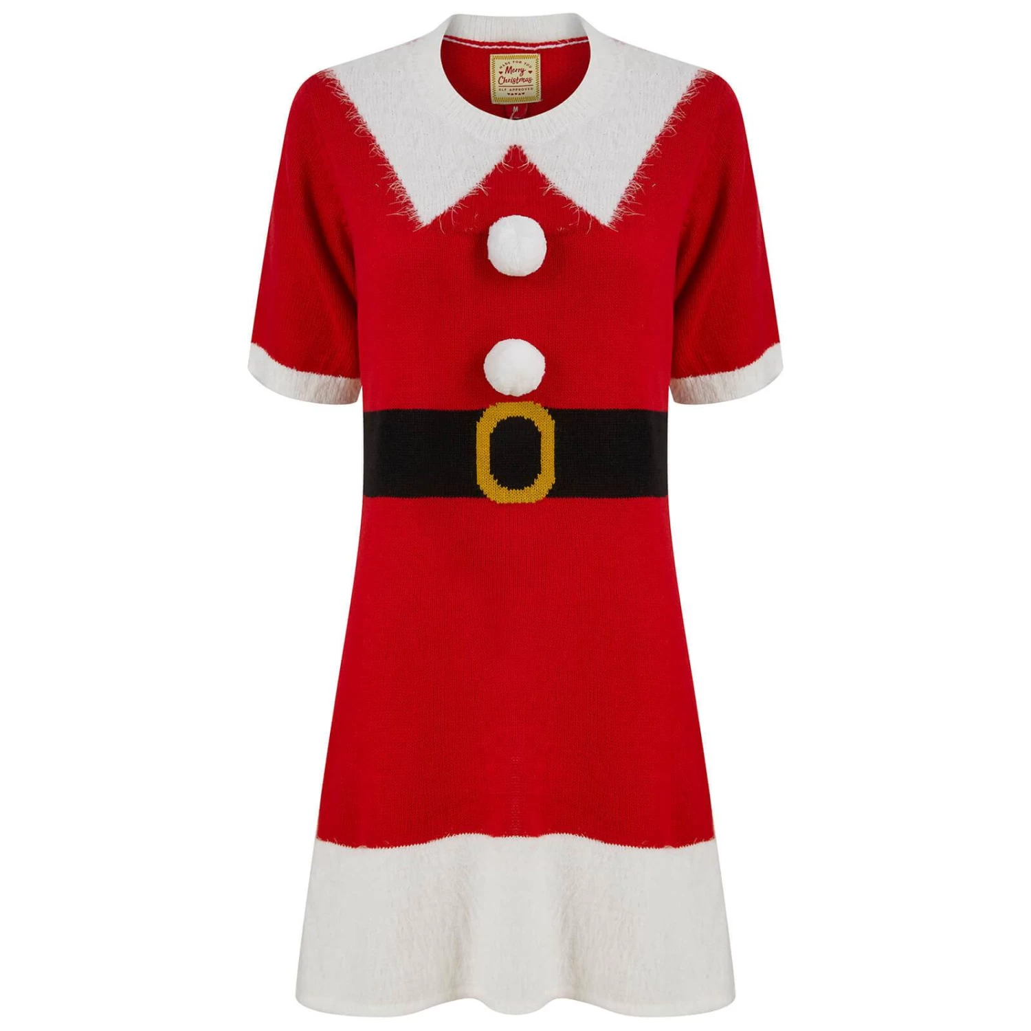 Womens Mrs Claus Santa Jumper Dress 3D Pom Pom Buttons 3 Womens Mrs Claus Santa Jumper Dress 3D Pom Pom Buttons