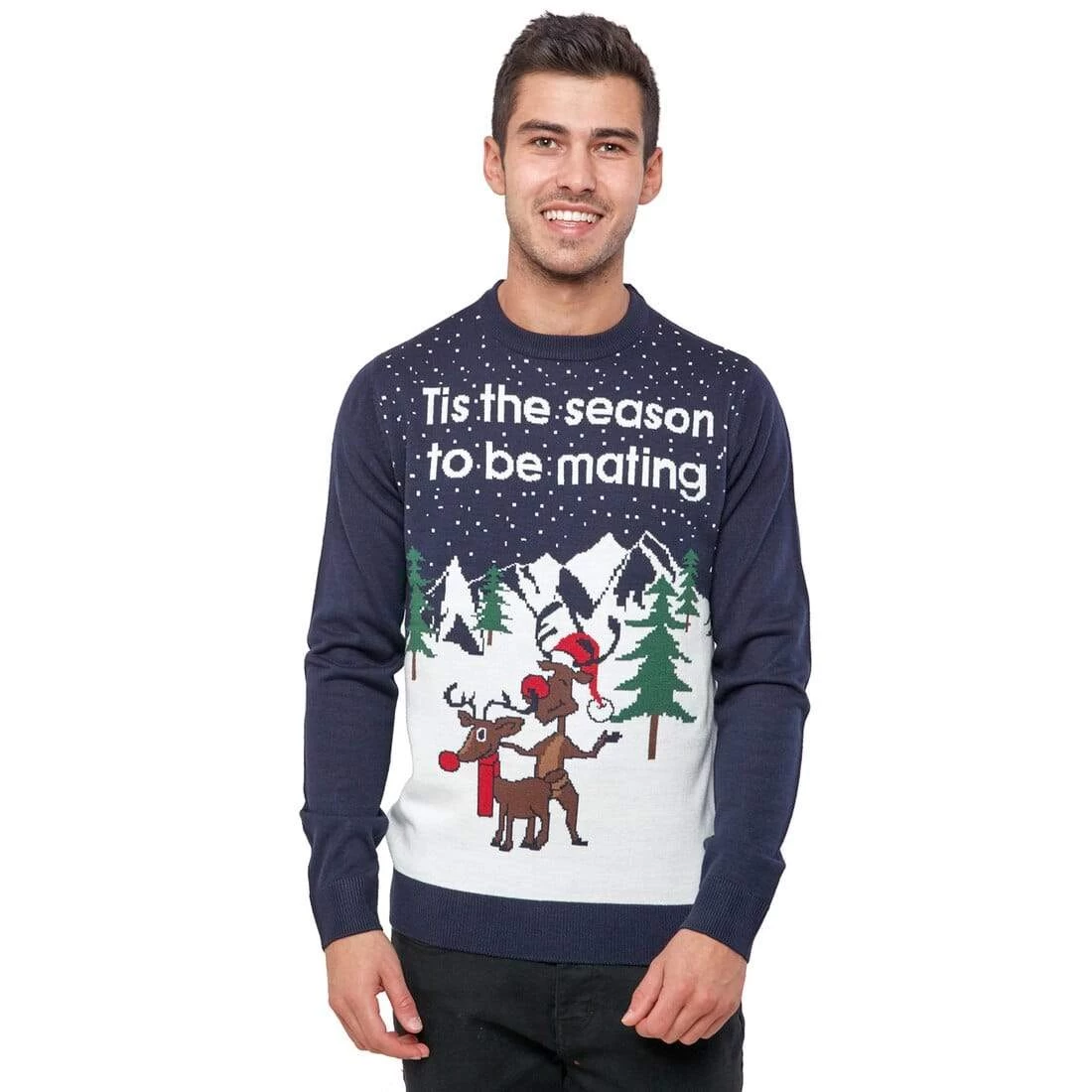 Mens Christmas Jumper Rude Reindeer Xmas Navy Adult Party Fun 3 Mens Christmas Jumper Rude Reindeer Xmas Navy Adult Party Fun