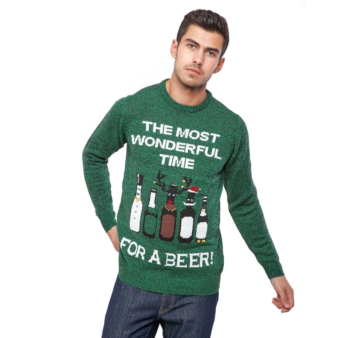 Mens Christmas Jumper Green Time For A Beer Bottles Party Fun 3 Mens Christmas Jumper Green Time For A Beer Bottles Party Fun