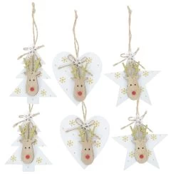 6PK White Wooden Reindeer Christmas Tree Decorations