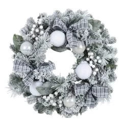 Snow Flocked Christmas Wreath With Grey Tartan Bows 60cm