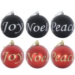 6pk Joy Peace Noel Christmas Tree Baubles Black Or Red 8cm