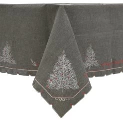 Christmas Tree Embroidered Tablecloths Napkins Fabric Dark Grey