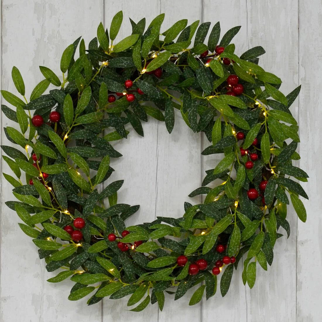 24" Pre Lit Christmas Wreath Fabric Leaves Berries Battery Op 4 24" Pre Lit Christmas Wreath Fabric Leaves Berries Battery Op - Image 2