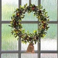 16" Light Up Christmas Wreath Mistletoe Berries Battery Op