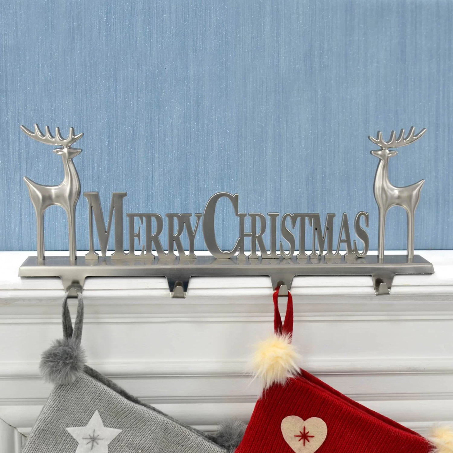 Silver Merry Christmas Stocking Hanger 4 Hooks Reindeer Decoration 3 Silver Merry Christmas Stocking Hanger 4 Hooks Reindeer Decoration