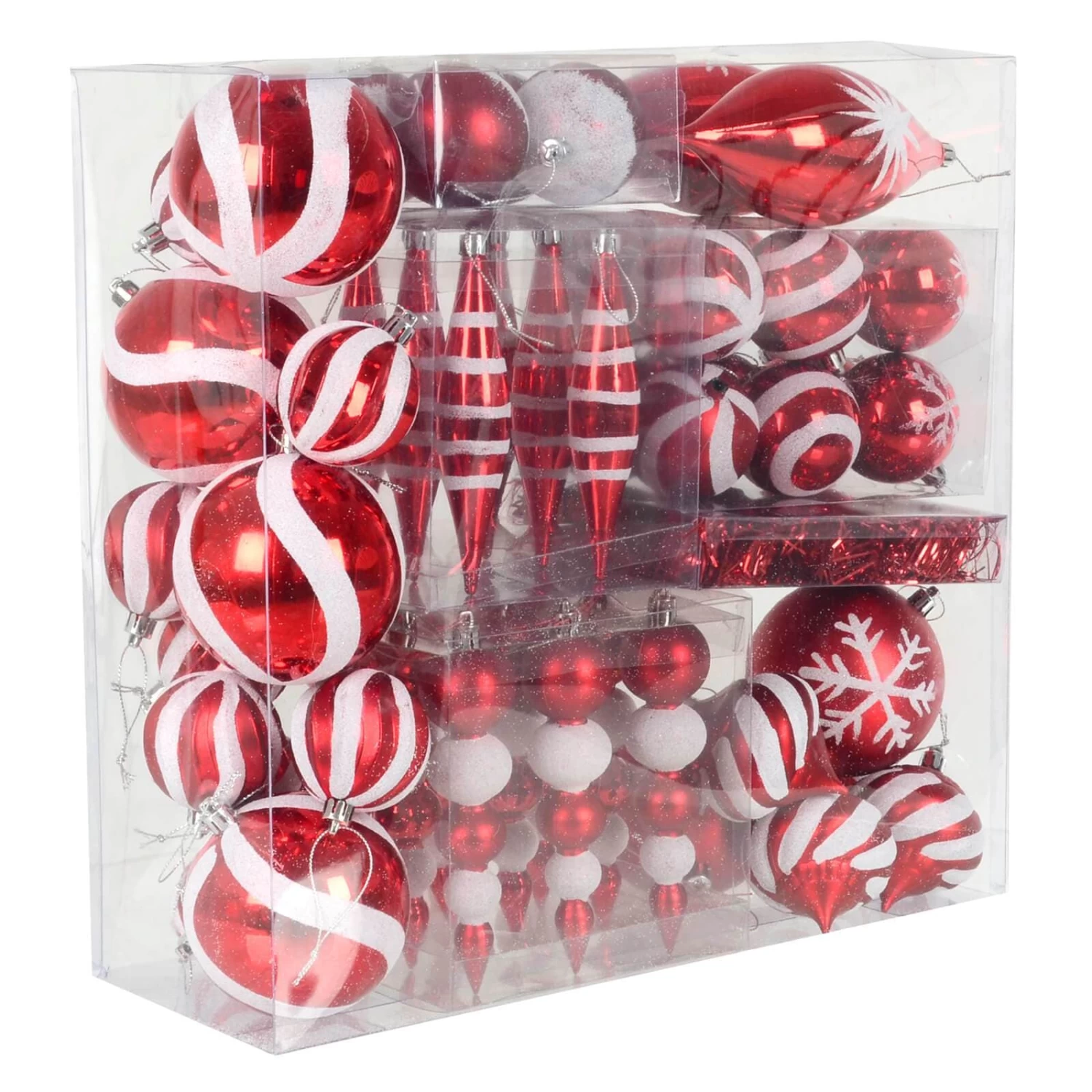 52pc Christmas Tree Baubles Set Mixed Design Red White 4 52pc Christmas Tree Baubles Set Mixed Design Red White - Image 2