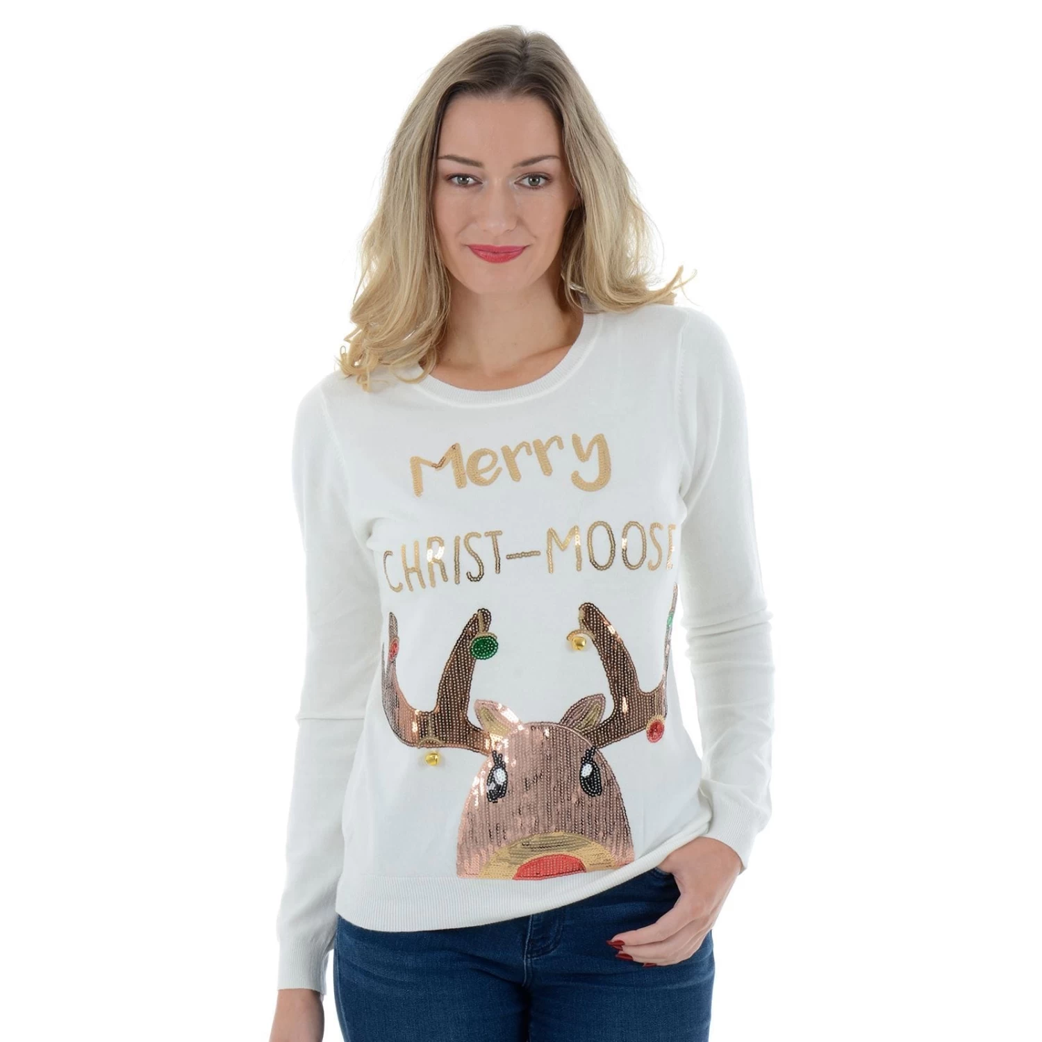 Womens Novelty Sequin Merry Christ-Moose Christmas Jumper 3 Womens Novelty Sequin Merry Christ-Moose Christmas Jumper